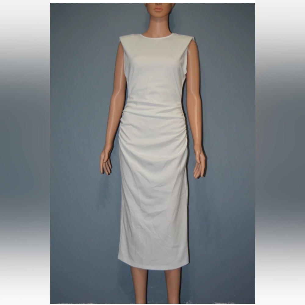 Zara Women's Sz Medium White Sleeveless Ruched Waist Midi Dress